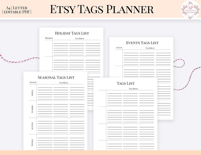 May include: Printable Etsy tags planner with four sections: Holiday, Seasonal, Events, and Tags. Each section has a column for the holiday, season, event, or tag and a column for tag ideas.