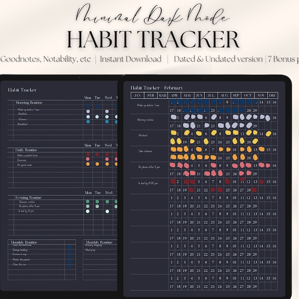 Dark Mode Habit tracker for Ipad and Tablet, Routine tracker, Motivation habit tracker, Digital and Printable template