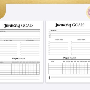 May include: A printable goal setting worksheet for January. The worksheet includes sections for priorities, action steps, and a progress tracker.