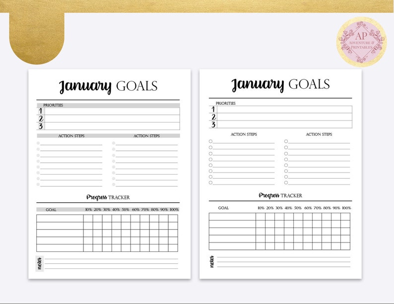 May include: A printable goal setting worksheet for January. The worksheet includes sections for priorities, action steps, and a progress tracker.