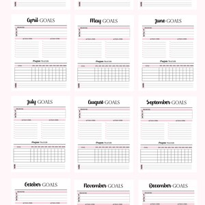 May include: A printable monthly goal setting planner with 42 pages. The planner is divided into 12 sections, one for each month of the year. Each section includes a space for listing goals, action steps, and a progress tracker. The planner is available in three sizes: A5, A4, and US Letter.