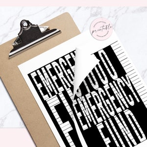 May include: Black and white printable chart with the text "Emergency Fund" repeated vertically. The text is in a bold, sans-serif font.
