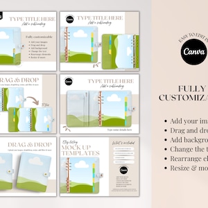 K&ouml;nnte beinhalten: Ein Satz von drei anpassbaren Planer-Mockup-Vorlagen mit einem Naturthema in Gr&uuml;n-, Blau- und Wei&szlig;t&ouml;nen. Die Vorlagen sind f&uuml;r die Verwendung mit Canva konzipiert und verf&uuml;gen &uuml;ber eine Drag-and-Drop-Funktion f&uuml;r einfache Bearbeitung. Der Text auf dem Bild lautet "Einfach in Canva zu bearbeiten", "Vollst&auml;ndig anpassbar", "Drag & Drop", "F&uuml;ge deine Bilder hinzu", "F&uuml;ge einen Hintergrund hinzu", "&Auml;ndere den Text", "Ordne Elemente neu an", "Gr&ouml;&szlig;e &auml;ndern & mehr", "Meine Etsy Mockup-Vorlagen" und "Was ist enthalten".