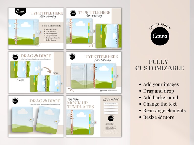 K&ouml;nnte beinhalten: Ein Satz von drei anpassbaren Planer-Mockup-Vorlagen mit einem Naturthema in Gr&uuml;n-, Blau- und Wei&szlig;t&ouml;nen. Die Vorlagen sind f&uuml;r die Verwendung mit Canva konzipiert und verf&uuml;gen &uuml;ber eine Drag-and-Drop-Funktion f&uuml;r einfache Bearbeitung. Der Text auf dem Bild lautet "Einfach in Canva zu bearbeiten", "Vollst&auml;ndig anpassbar", "Drag & Drop", "F&uuml;ge deine Bilder hinzu", "F&uuml;ge einen Hintergrund hinzu", "&Auml;ndere den Text", "Ordne Elemente neu an", "Gr&ouml;&szlig;e &auml;ndern & mehr", "Meine Etsy Mockup-Vorlagen" und "Was ist enthalten".