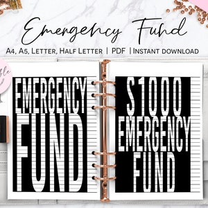 May include: Printable planner page with black and white text that says "Emergency Fund" and "$1000 Emergency Fund". The page is designed for a standard size planner.