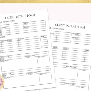 May include: A black and white printable client intake form with sections for client information, services, and package details. The form includes fields for name, company name, email, phone, address, service package, includes, price, package name, price, description, execution time, and tools used.