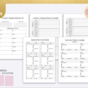 May include: A printable marketing planner set in black and white with four pages: Yearly Marketing Plan, Weekly Marketing Planner, Blog Post Planner, and Newsletter Planner. The pages are designed for A5, A4, and US Letter sizes.
