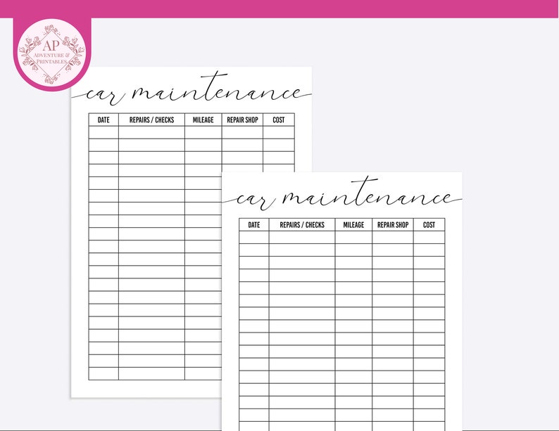 May include: Printable car maintenance log with two pages. Each page has columns for date, repairs/checks, mileage, repair shop, and cost.