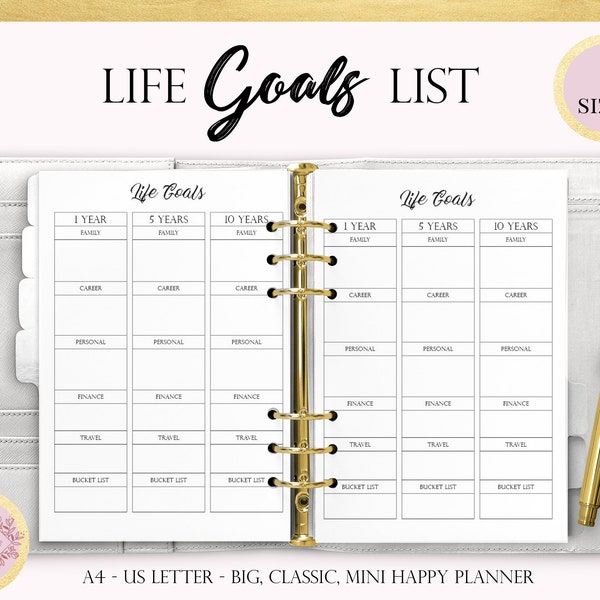 Life Goals Printable Planner Page, Life Planner, Long Term Goals Planner, 5 Year Plan, 10 Years Plan, Career Goals, Financial Goals, Family