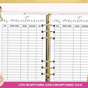 May include: A printable car maintenance log with columns for date, repairs, checks, mileage, repair shop, and cost. The log is designed for use in a letter or big happy planner.