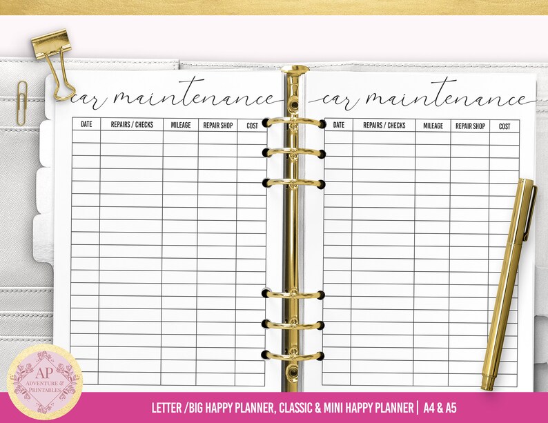 May include: A printable car maintenance log with columns for date, repairs, checks, mileage, repair shop, and cost. The log is designed for use in a letter or big happy planner.