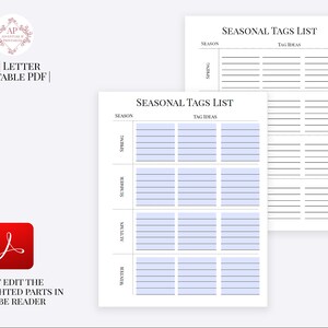 May include: Printable worksheet with a list of seasonal tags. The worksheet is divided into four sections: Spring, Summer, Autumn, and Winter. Each section has a column for the season and a column for tag ideas.