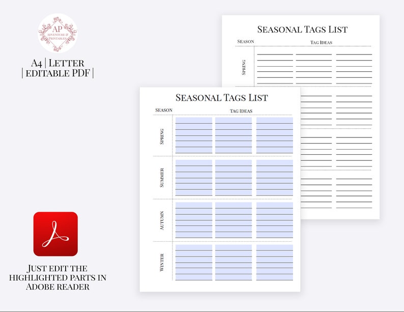 May include: Printable worksheet with a list of seasonal tags. The worksheet is divided into four sections: Spring, Summer, Autumn, and Winter. Each section has a column for the season and a column for tag ideas.