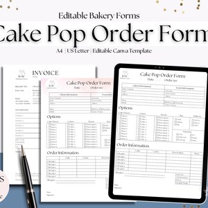 May include: Editable cake pop order form template in black and white with pink accents. The form includes sections for client information, event information, options, and order information. The form is designed for use with Canva.