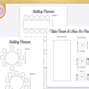 May include: Printable seating chart planner with three different table layouts and a table decor and mise en place checklist. The checklist includes three options for table settings: informal, formal, and elegant.