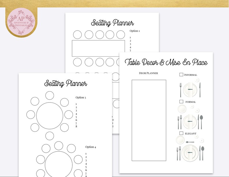 May include: Printable seating chart planner with three different table layouts and a table decor and mise en place checklist. The checklist includes three options for table settings: informal, formal, and elegant.