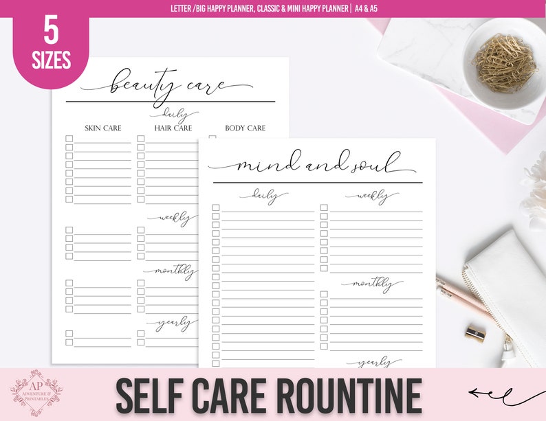 K&ouml;nnte beinhalten: Druckbare Checkliste f&uuml;r die Selbstpflege-Routine mit Abschnitten f&uuml;r Sch&ouml;nheitspflege, Geist und Seele. Die Checkliste enth&auml;lt t&auml;gliche, w&ouml;chentliche, monatliche und j&auml;hrliche Aufgaben.