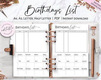 Birthdays List Printable, Family Birthdays Tracker, Birthdays Planner Insert, Home Organization Planner