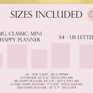K&ouml;nnte beinhalten: Eine Grafik, die die verschiedenen Gr&ouml;&szlig;en von Happy Plannern zeigt. Die Gr&ouml;&szlig;en sind: A4, Letter, Big, Classic und Mini. Die Ma&szlig;e sind in Zoll und Millimetern angegeben.