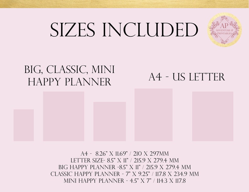 K&ouml;nnte beinhalten: Eine Grafik, die die verschiedenen Gr&ouml;&szlig;en von Happy Plannern zeigt. Die Gr&ouml;&szlig;en sind: A4, Letter, Big, Classic und Mini. Die Ma&szlig;e sind in Zoll und Millimetern angegeben.
