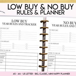 Könnte beinhalten: Ein druckbarer Planer mit einem schwarz-weißen Design zum Verfolgen von Low-Buy- und No-Buy-Zielen. Der Planer enthält Abschnitte für eine Low-Buy-Liste, eine No-Buy-Liste, Artikel, die aufgebraucht werden sollen, und eine Liste von Kategorien wie Kosmetik, Reinigungsmittel, Kleidung und Lebensmittel.