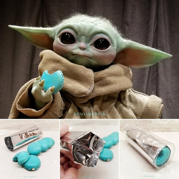Grogu "Baby Yoda" Space Macarons with cookie sleeve - magnetic! Resin cast prop replica package. Includes 6 macaron cookies - FREE SHIPPING!