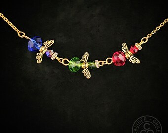 Sleeping Beauty Aurora Three Fairies pendant necklace - 20" gold chain Disney princess Red Blue Green charm jewelry fairytale Christmas gift