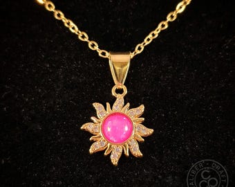 Tangled Rapunzel magic flower necklace sparkly pink - 20" gold chain - Disney princess charm jewelry fairytale Christmas gift