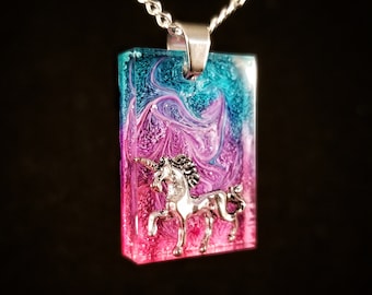 Unicorn pendant resin necklace unique gift idea! Pegasus pink and blue handmade art one of a kind fantasy animal jewelry cotton candy poured