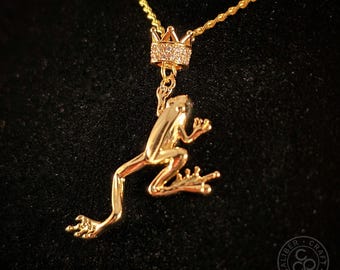 Tiana Princess and the Frog pendant necklace - 24" gold chain - Disney charm frog prince crown jewelry fairytale Christmas gift
