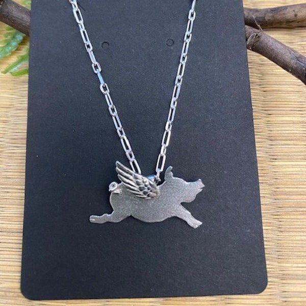 Sterling Silver Flying Pig Necklace with 16" 2mm Beveled Oval Long and Short Chain Handmade Lost Wax Cast Jewelry Pieces By Hart Shop