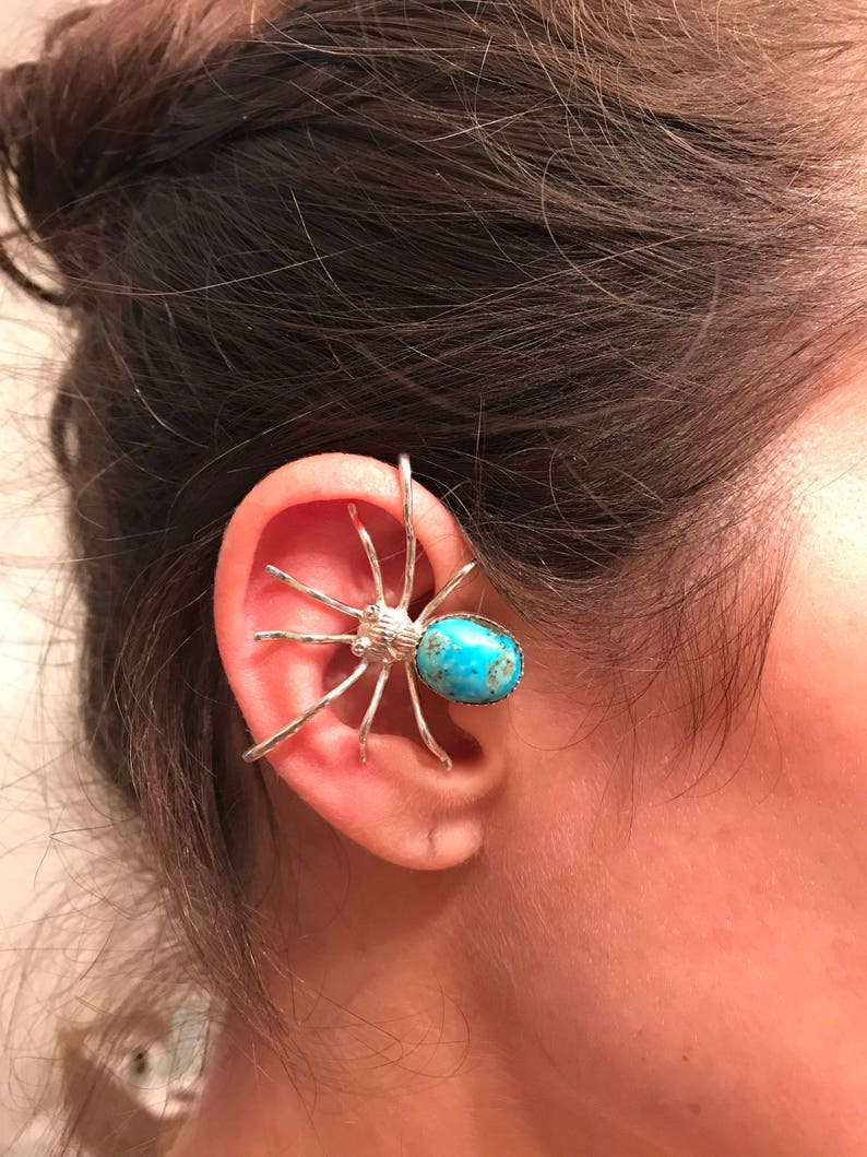 Turquoise Spider Ear Cuff Sterling Silver Arachnid Lover Boho Goth Handmade Jewelry Good Luck Omen PiecesByHartShop