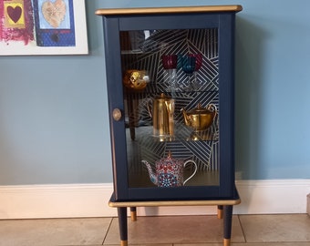 Navy and gold display cabinet, glass fronted storage unit