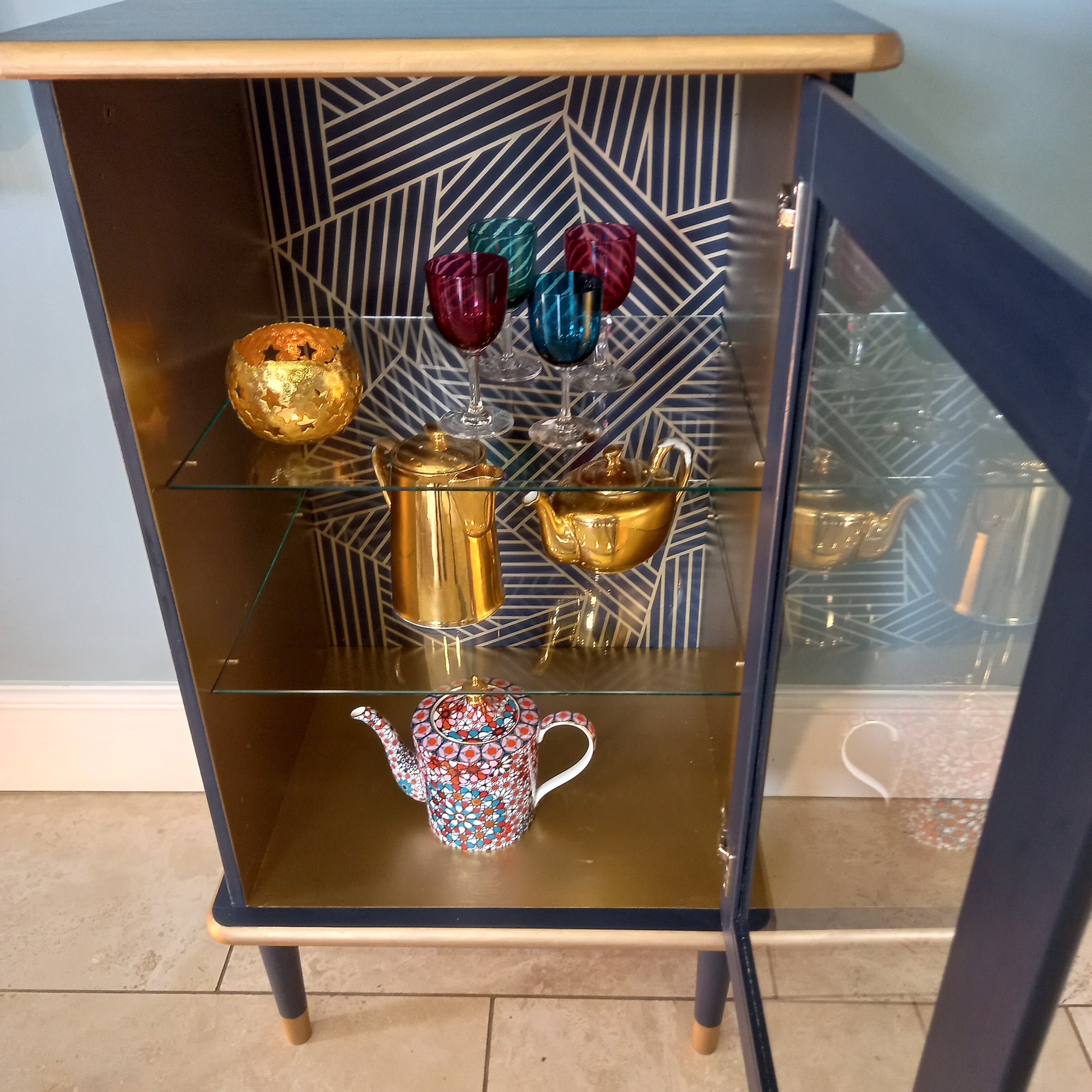 Navy and gold display glass fronted storage unit Etsy