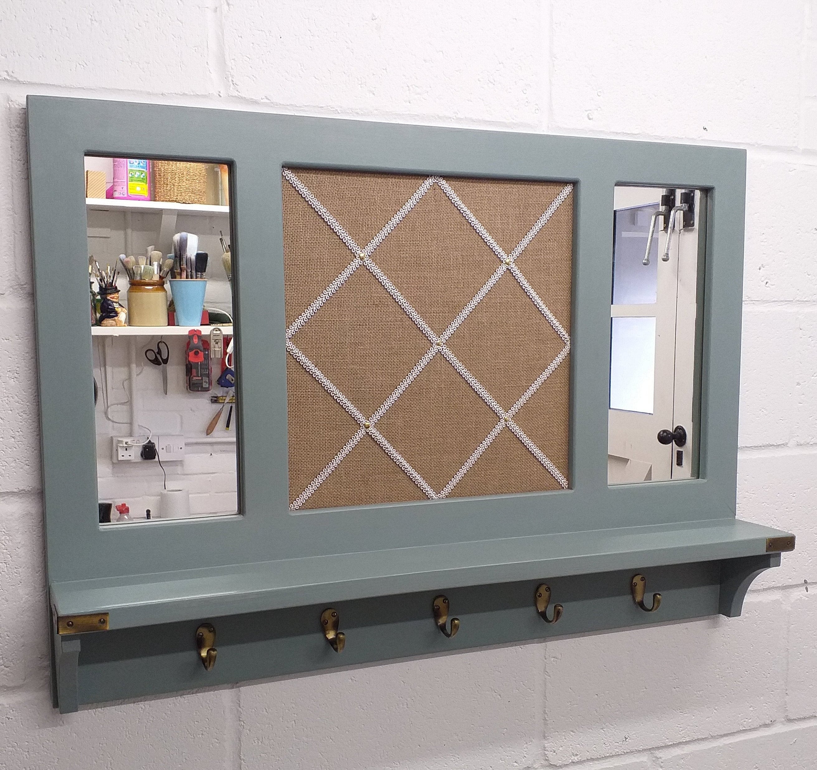 Hall mirrors with a shelf brass hanging hooks and a pinboard Etsy