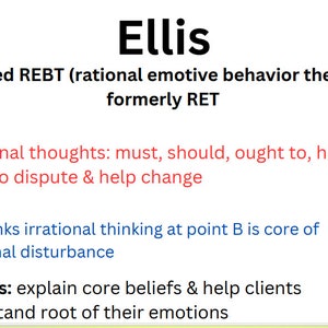 May include: White background with the name "Ellis" in large black letters. The text describes REBT (rational emotive behavior therapy), its goals, and core beliefs. Key terms like "irrational thoughts" and "emotional disturbance" are highlighted.