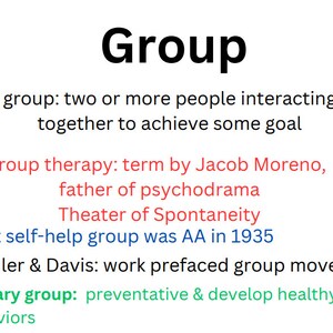 Op de afbeelding: Een witte achtergrond met het woord "Group" in grote, vette, zwarte letters. Hieronder staan definities en gerelateerde termen in verschillende kleuren, waaronder "group therapy" en "Primary group".