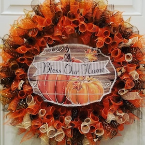 Bless Our Home Fall Wreath – Deco Mesh Pumpkin Door Wreath – Autumn Front Porch Décor – Farmhouse Thanksgiving Welcome Sign
