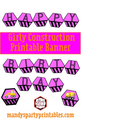 Girly Construction Birthday Banner | Happy Birthday Banner | Instant Download Il_570xn