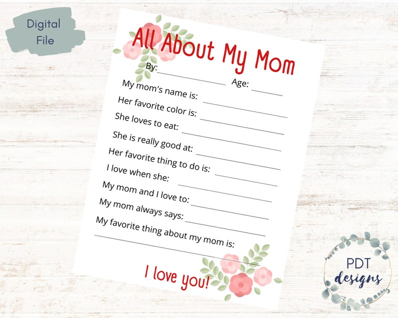 All About My Mom Mother's Day Fill in the Blank Questions Etsy