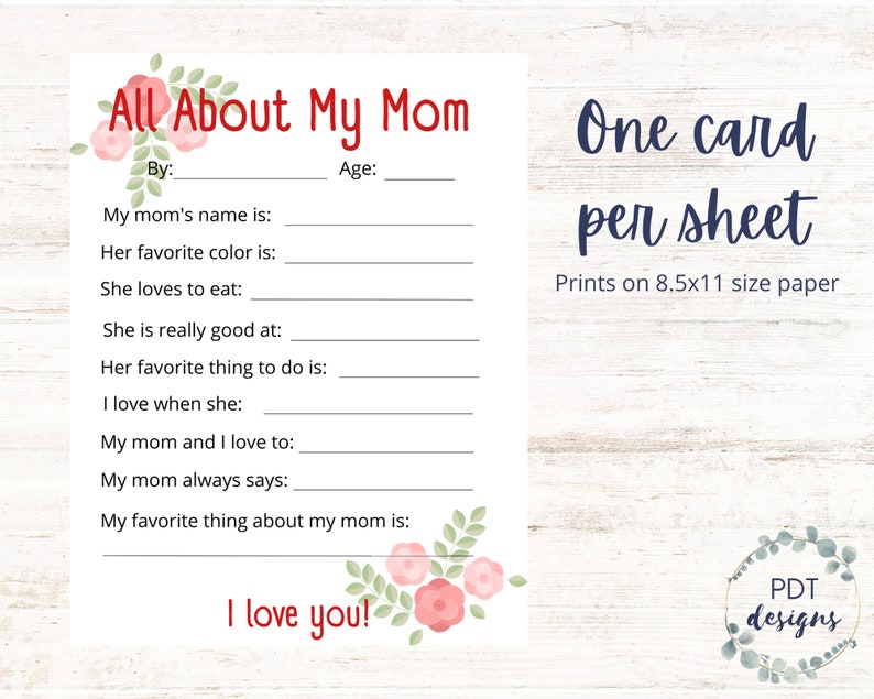 All About My Mom Mother's Day Fill in the Blank Questions Etsy
