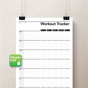 May include: A black and white printable workout tracker with the text "Workout Tracker" at the top. The tracker includes columns for week, goal, sets, reps, weight, distance, and time. The days of the week are listed down the left side: Monday, Tuesday, Wednesday, Thursday, Friday, Saturday, and Sunday.