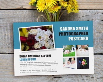 May include: A blue and white postcard with the text "SANDRA SMITH PHOTOGRAPHER POSTCARD" and a photograph of a bouquet of flowers. The postcard also includes a contact number, email address, and website address.