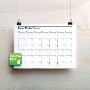 May include: A black and white printable social media planner with the text "Social Media Planner" at the top. The planner is divided into days of the week and has space for notes.