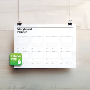 May include: A printable storyboard planner with 12 frames, each with space for a description, notes, and a thumbnail sketch. The planner is labelled "Storyboard Planner" and is a fillable PDF.