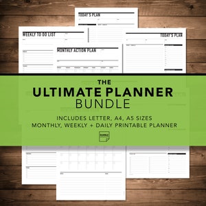 Może przedstawiać: Pakiet Ultimate Planner zawiera drukowane planery miesięczne, tygodniowe i dzienne w rozmiarach letter, A4 i A5.
