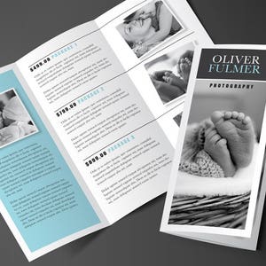 May include: A tri-fold brochure for Oliver Fulmer Photography. The brochure features black and white photos of babies and families. The brochure lists three different photography packages with prices.