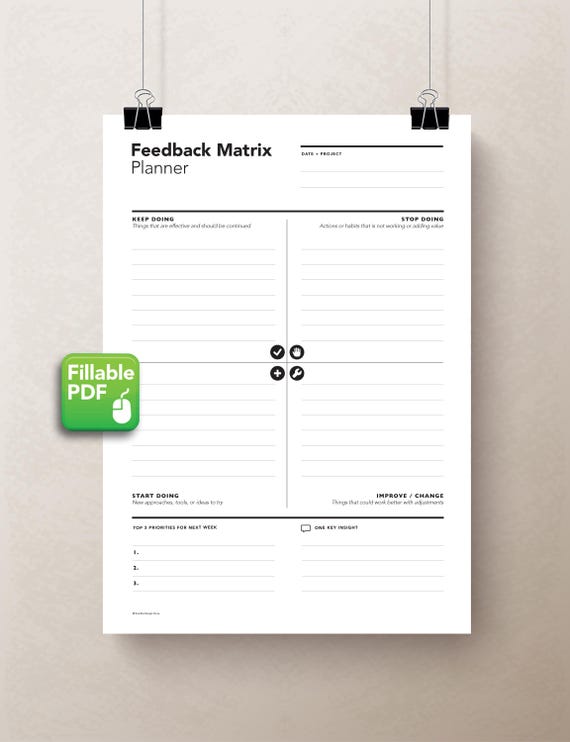 Feedback Matrix Printable Planner | Weekly Reflection Worksheet | Small Business Productivity Template | self-growth sheet | mindset planner