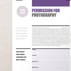 May include: A permission for photography form with a black and white design. The form includes fields for the photographer's signature, printed name, address, and today's date.