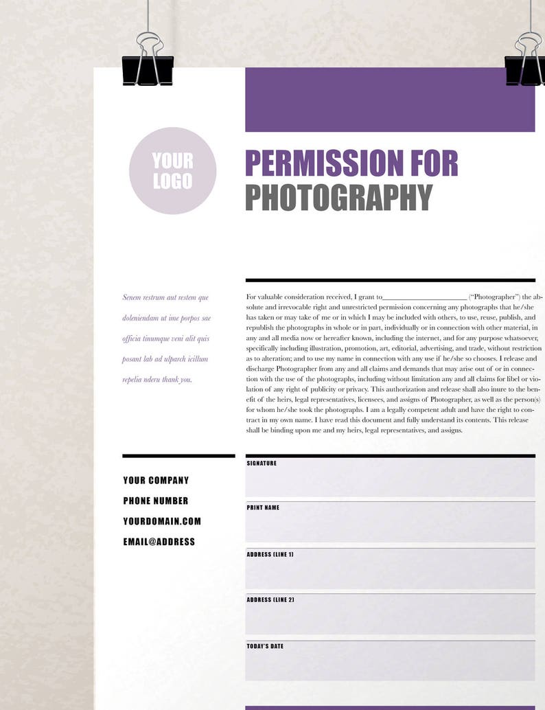 May include: A permission for photography form with a black and white design. The form includes fields for the photographer's signature, printed name, address, and today's date.